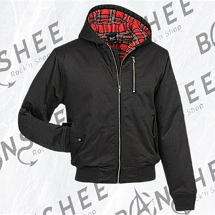 Blouson harrington noir à capuche avec doublure tartan rouge