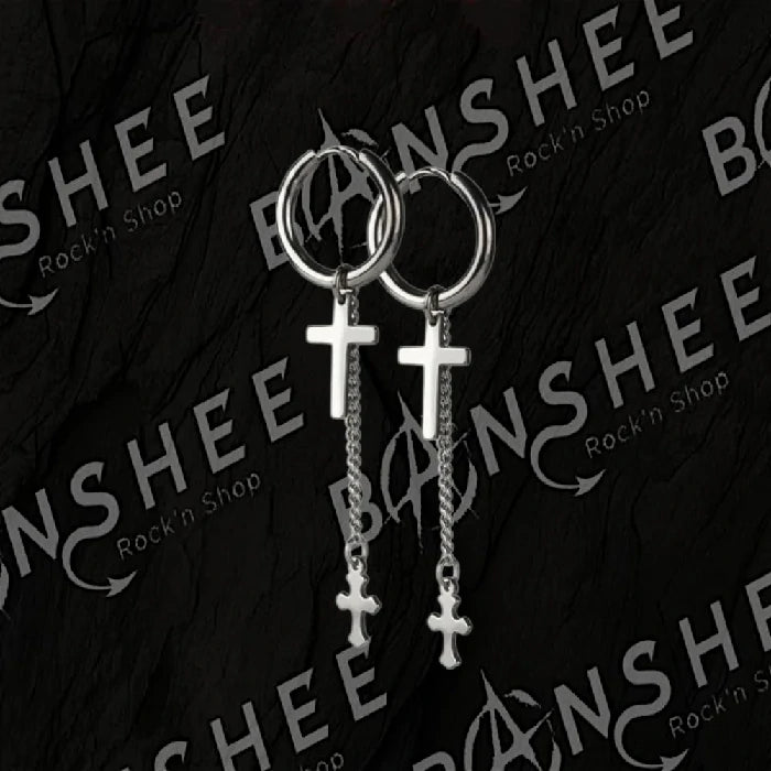 Boucles d'oreilles créoles en acier inoxydable avec doubles croix pendantes