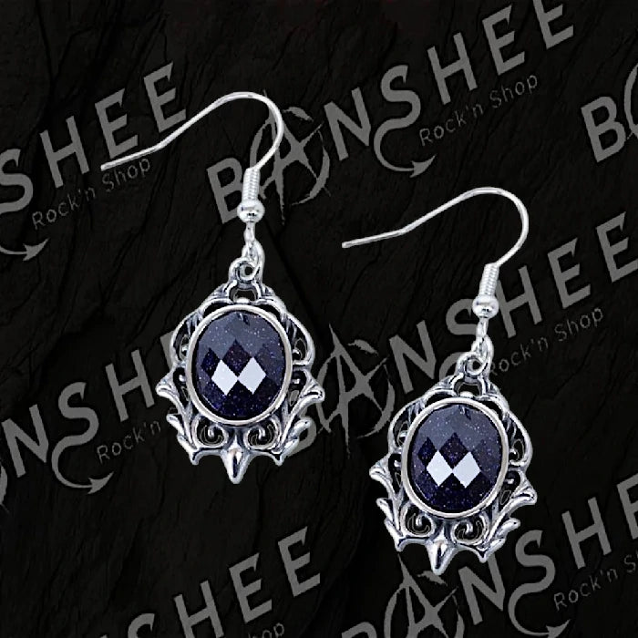 Boucles d'oreilles gothiques argentées avec pierre bleue nuit facettée et ornements victoriens