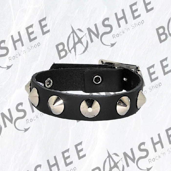 Bracelet fin noir en cuir avec petits spikes métalliques et fermeture à boucle