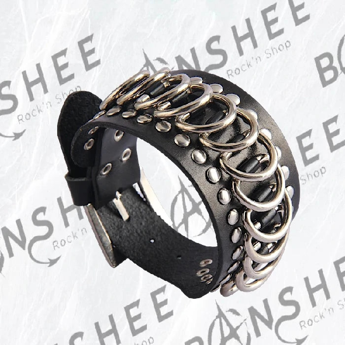 Bracelet manchette noir en cuir PU avec anneaux et rivets métalliques