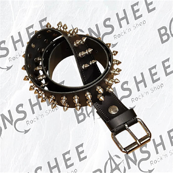 Ceinture punk en cuir noir avec deux rangées de pointes coniques métalliques et boucle