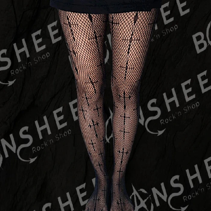 Collants résille noirs avec motif de croix gothiques