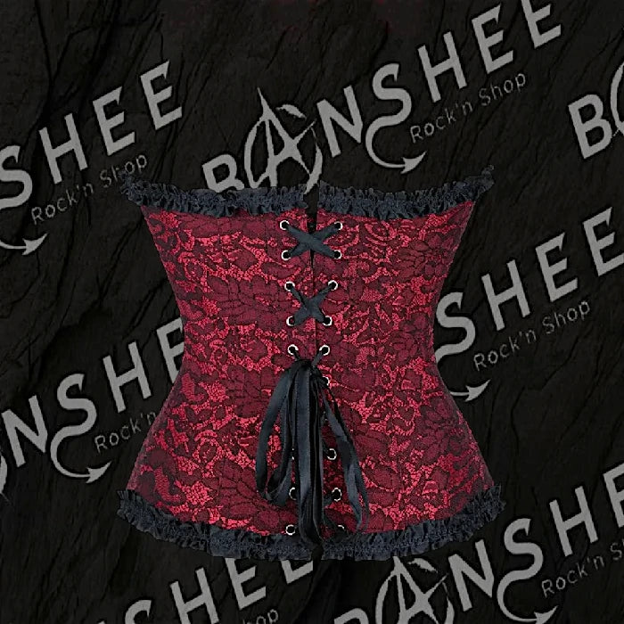 Dos d'un corset gothique rouge en dentelle avec laçage au dos et fermeture à crochets