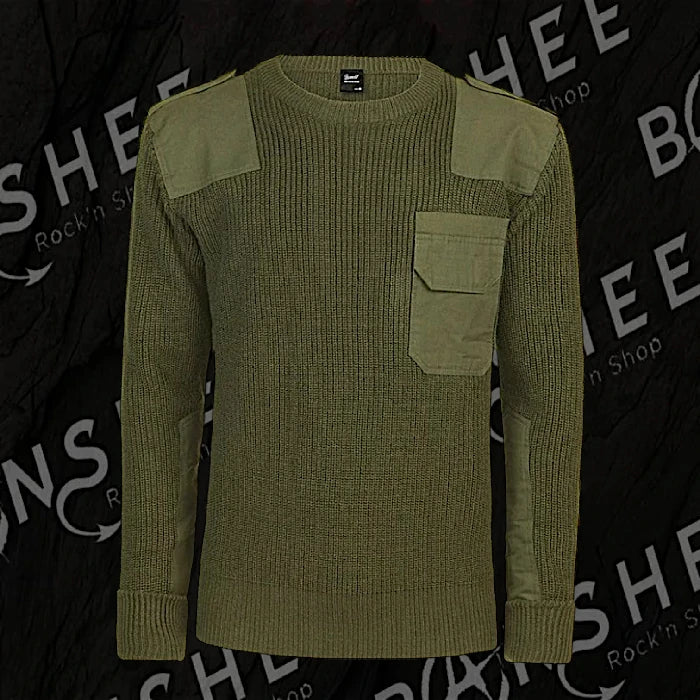 Pull commando militaire kaki avec poche poitrine et renforts