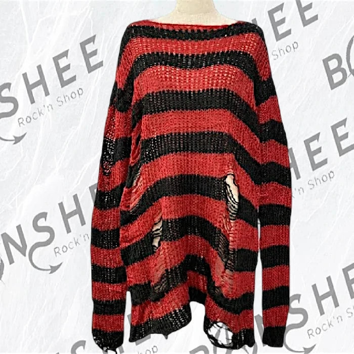Pull oversize rayé rouge détruit en maille