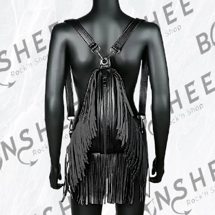 Sac à dos gothique rock noir en cuir PU avec longues franges décoratives