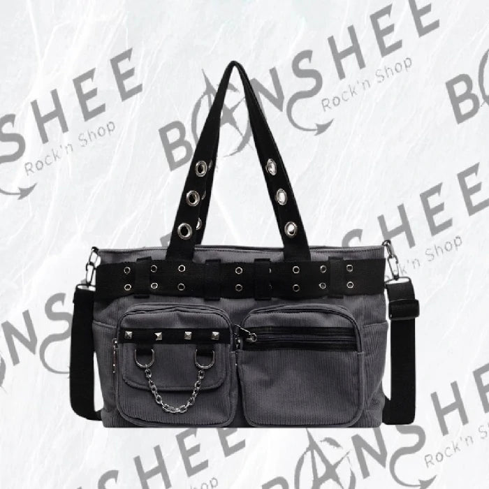 Sac gothique gris multi-poches avec chaînes décoratives et bandoulière réglable