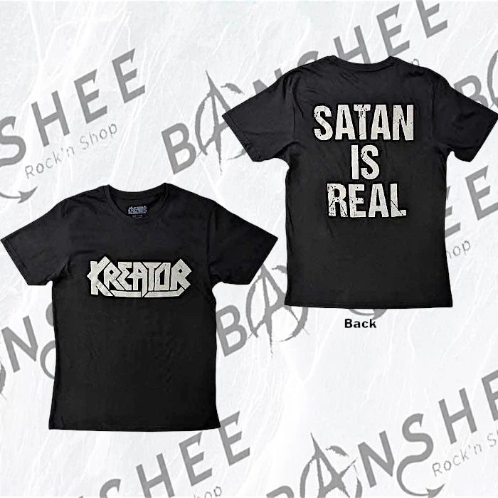 T-shirt officiel Kreator Satan Is Real noir avec logo blanc sur le devant et inscription Satan Is Real au dos
