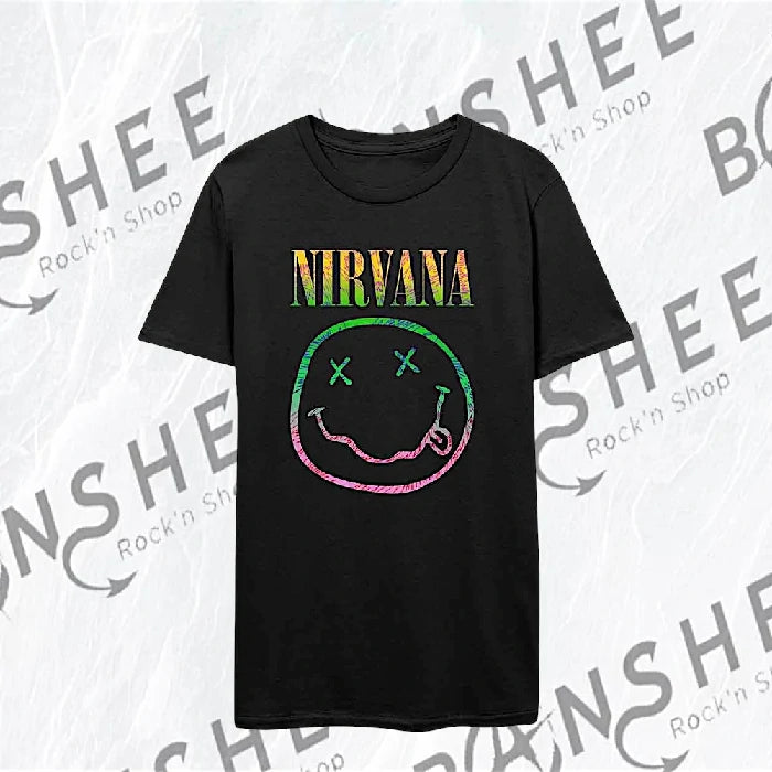 T-shirt officiel Nirvana Sorbet Ray Happy Face noir avec logo smiley multicolore