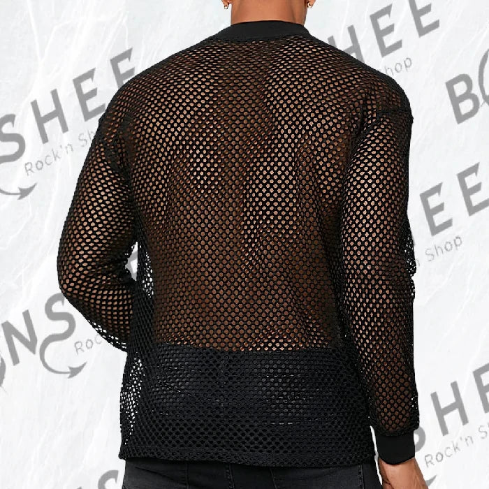 Vue arrière d'un pull résille noir pour homme à manches longues en maille ajourée