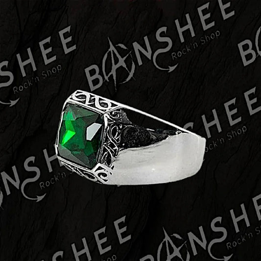 Bague chevalière en acier inoxydable avec pierre verte rectangulaire facettée