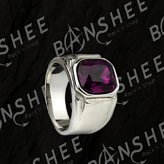 Bague chevalière en acier inoxydable avec grande pierre violette facettée