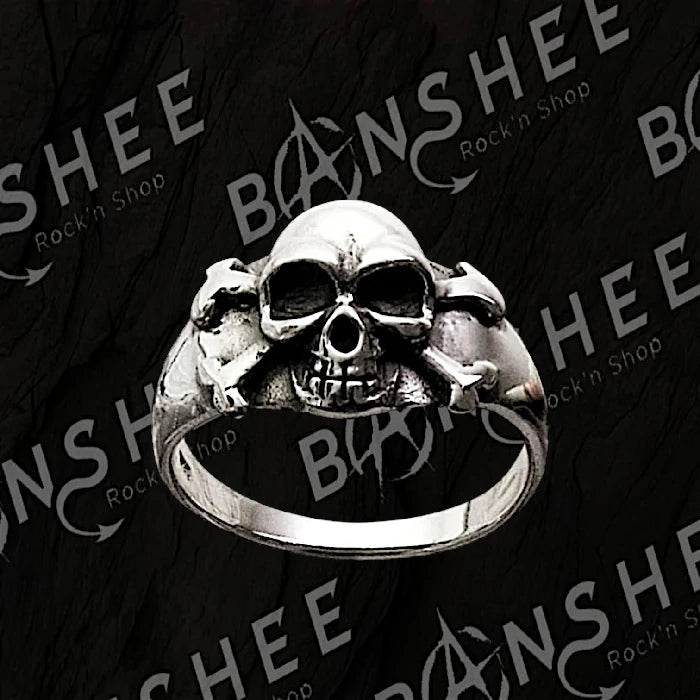 Bague en argent tête de mort avec ossements en relief