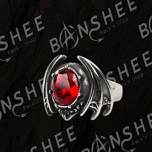 Bague gothique en acier inoxydable avec ailes de chauve-souris et pierre rouge à facettes