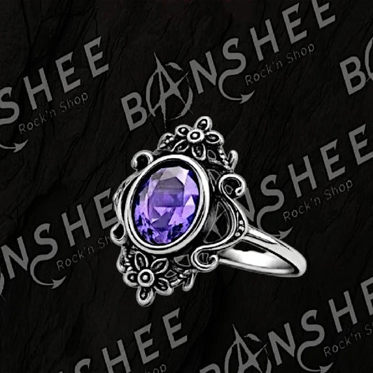 Bague gothique en acier inoxydable avec pierre violette à facettes et monture florale