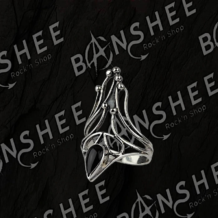 Bague gothique en acier inoxydable avec zircone noire en forme de goutte