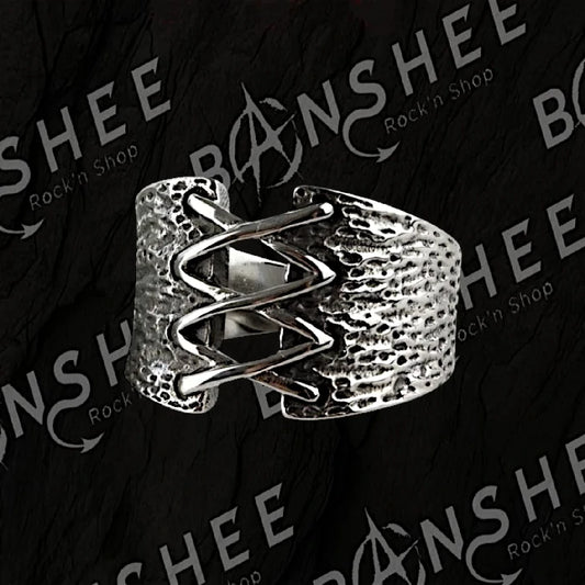Bague large en acier inoxydable avec laçage central façon corset