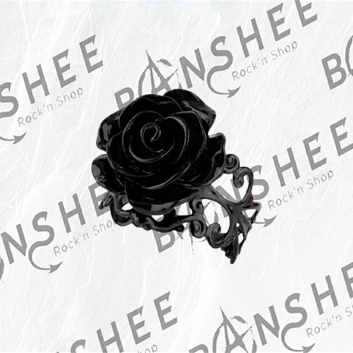 Bague noire avec rose en relief et anneau ajouré légèrement réglable