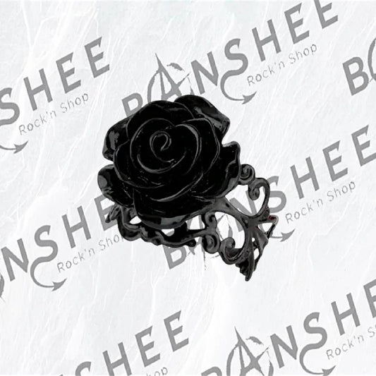 Bague noire avec rose en relief et anneau ajouré légèrement réglable