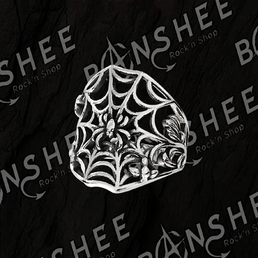 Bague en acier inoxydable avec toile d'araignée et araignée en relief