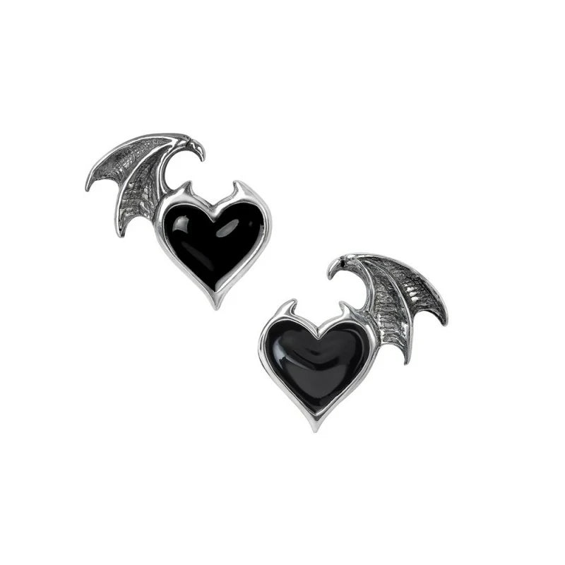 Boucle d'oreille Alchemy aile de chauves-souris & coeur noir E444