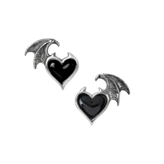 Boucle d'oreille Alchemy aile de chauves-souris & coeur noir E444
