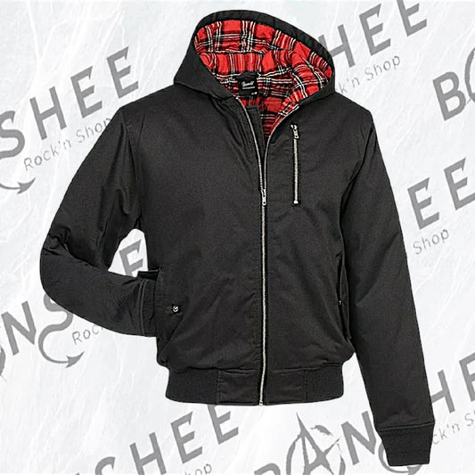 Blouson harrington noir à capuche avec doublure tartan rouge