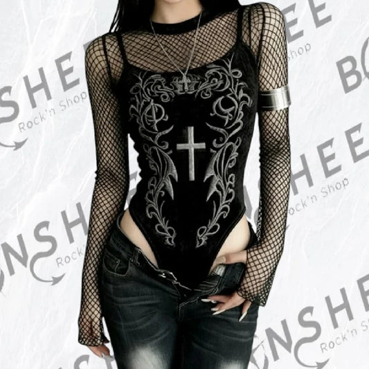 Body gothique noir avec manches longues en résille et motif croix