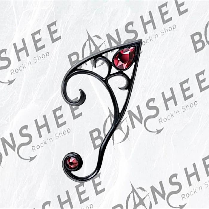 Boucle d'oreille gauche elfique noire avec cristaux rouges