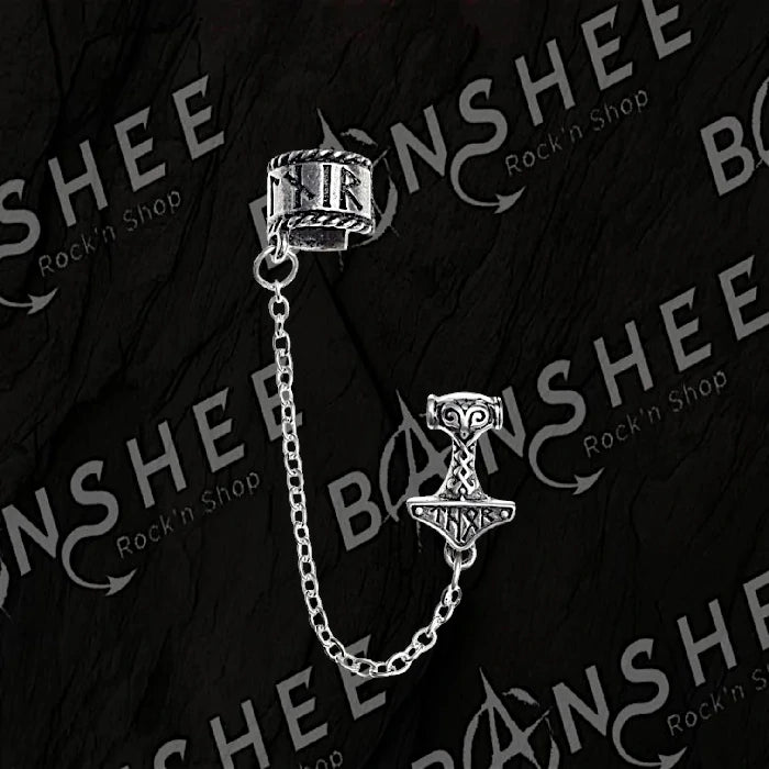 Boucle d'oreille Marteau de Thor argentée avec ear cuff et chaînette