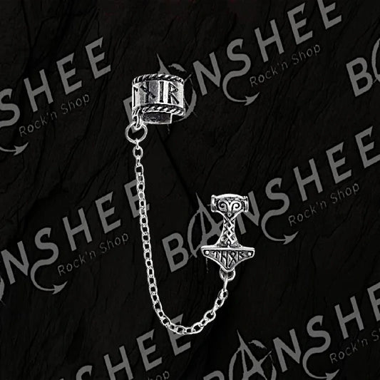 Boucle d'oreille Marteau de Thor argentée avec ear cuff et chaînette