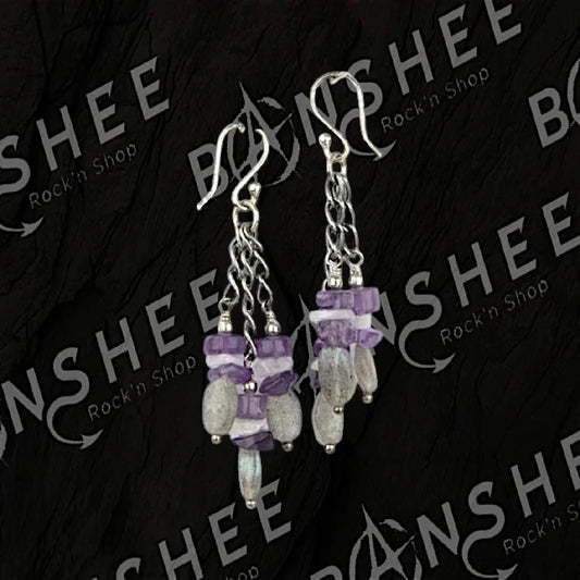 Boucles d’oreilles pendantes en argent avec améthyste et labradorite