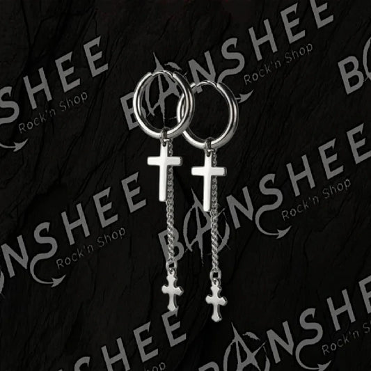 Boucles d'oreilles créoles en acier inoxydable avec doubles croix pendantes