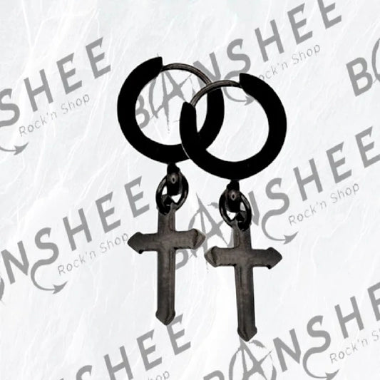 Boucles d'oreilles créoles noires avec pendentif croix en acier inoxydable