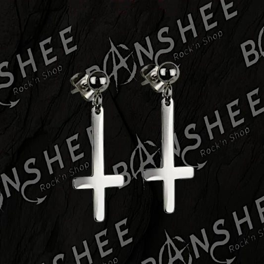 Boucles d'oreilles pendantes en acier inoxydable avec croix inversée