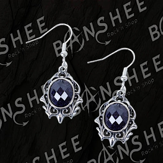 Boucles d'oreilles gothiques argentées avec pierre bleue nuit facettée et ornements victoriens