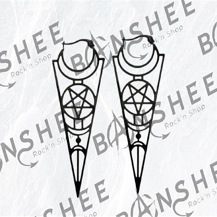 Boucles d'oreilles noires en acier inoxydable avec pentagramme et phases de lune