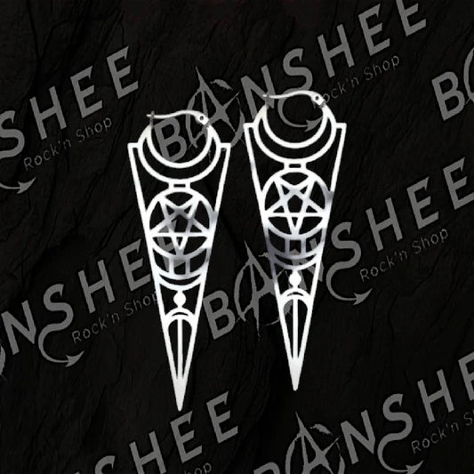 Boucles d'oreilles argentées en acier inoxydable avec pentagramme et phases de lune