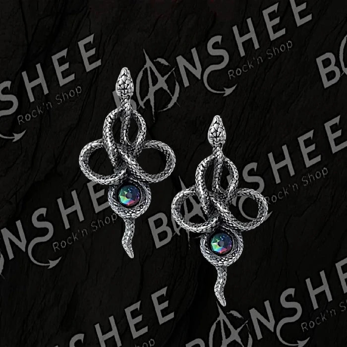 Boucles d'oreilles serpent entrelacé argenté avec cristal irisé