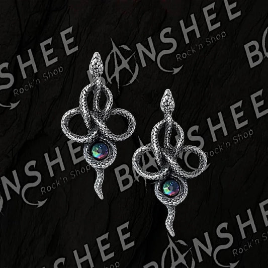 Boucles d'oreilles serpent entrelacé argenté avec cristal irisé
