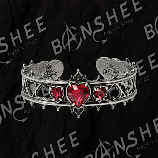 Bracelet gothique argenté avec cœurs en cristal rouge