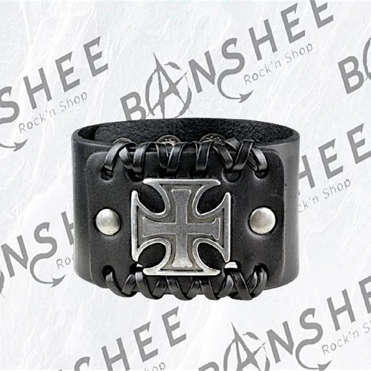 Bracelet noir en cuir PU avec croix de Malte en métal