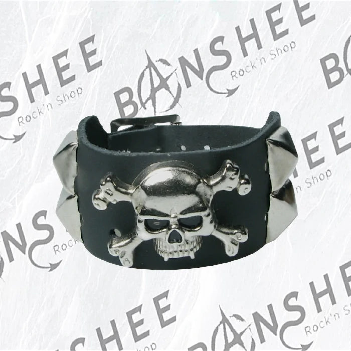 Bracelet large en cuir noir avec tête de mort et clous pyramidaux