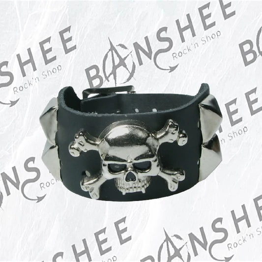Bracelet large en cuir noir avec tête de mort et clous pyramidaux