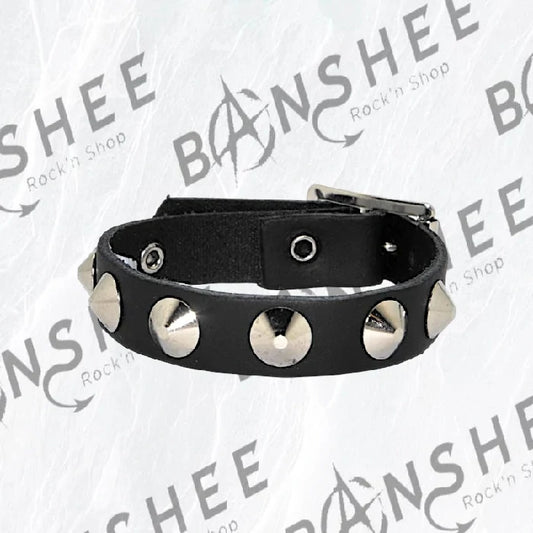 Bracelet fin noir en cuir avec petits spikes métalliques et fermeture à boucle