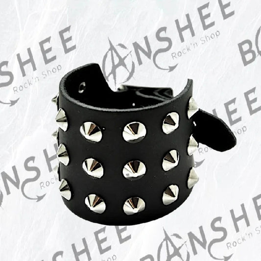 Bracelet fin noir en cuir avec petits spikes métalliques et fermeture à boucle