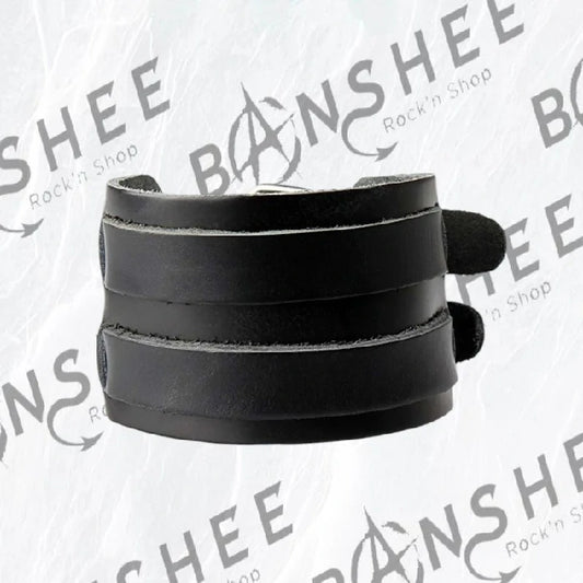 Bracelet manchette en cuir noir composé de plusieurs bandes de cuir