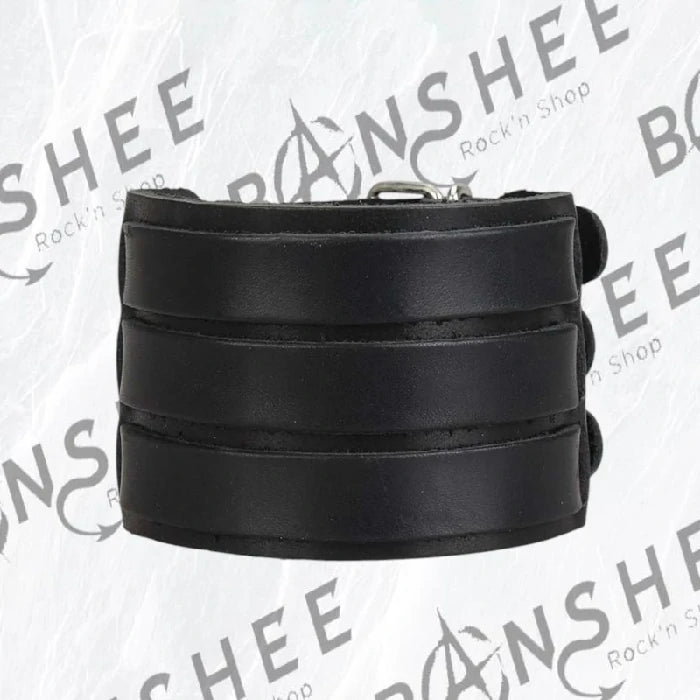 Bracelet manchette en cuir noir composé de plusieurs bandes de cuir