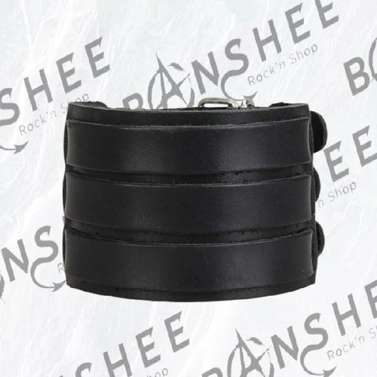 Bracelet manchette en cuir noir composé de plusieurs bandes de cuir